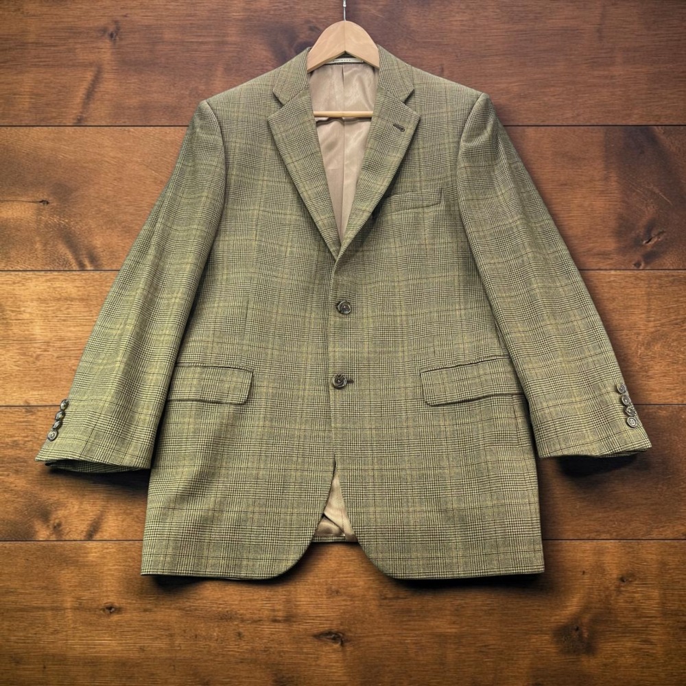 Vintage USA Burberry London Mens Blazer Glen Plaid Olive Green Wool Coats 40R